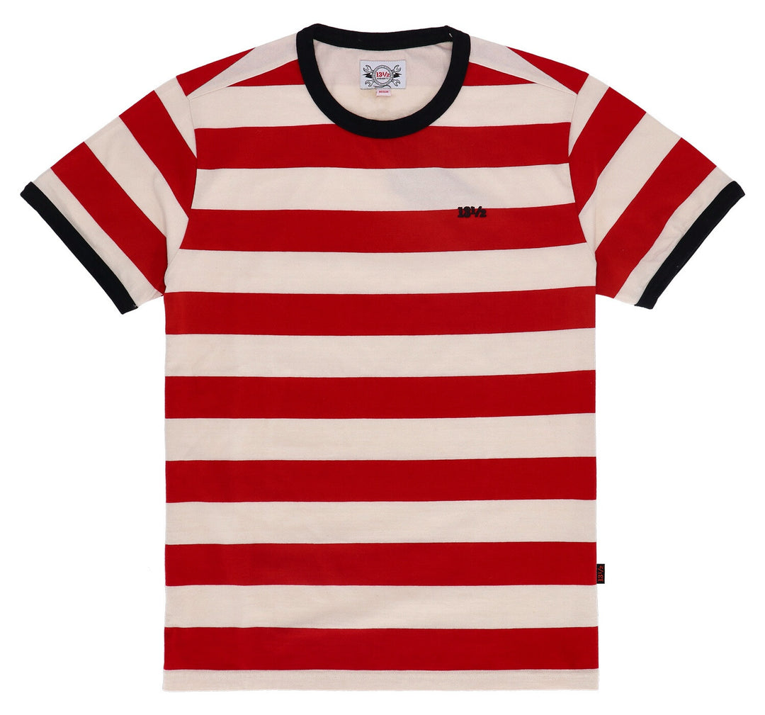 Rot-weiss gestreiftes 13 1/2 T-Shirt mit schwarzem Rundhalsausschnitt, schwarzen Ärmelabschlüssen und kleinem Brustlogo.