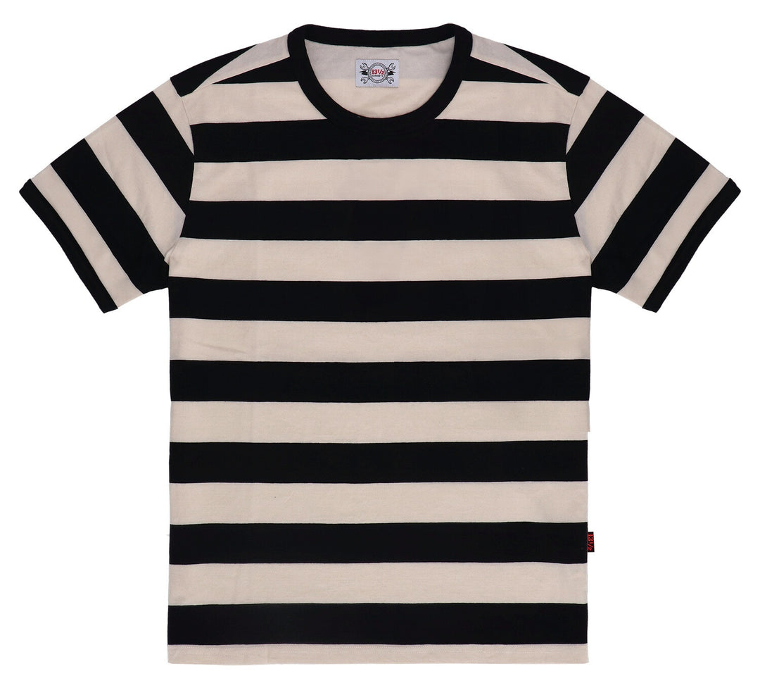 Schwarz-weiss gestreiftes 13 1/2 T-Shirt mit schwarzem Rundhalsausschnitt in Vorderansicht.