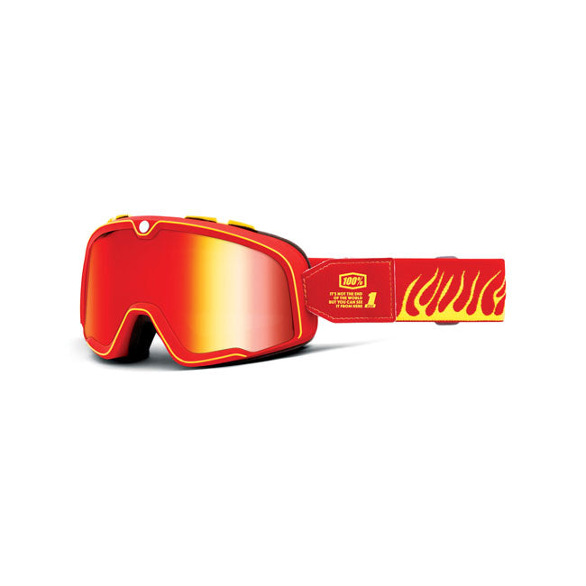 Rote 100% Barstow Death Spray Brille mit rot-gold verspiegelter Scheibe und gelbem Flammenmuster am Band.