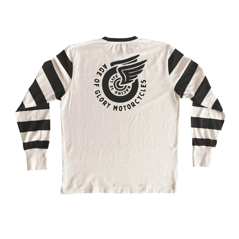 Rückseite des Age of Glory Champ Langarmshirts in Ecru mit schwarzen Ärmelstreifen und grossem geflügeltem Radmotiv.