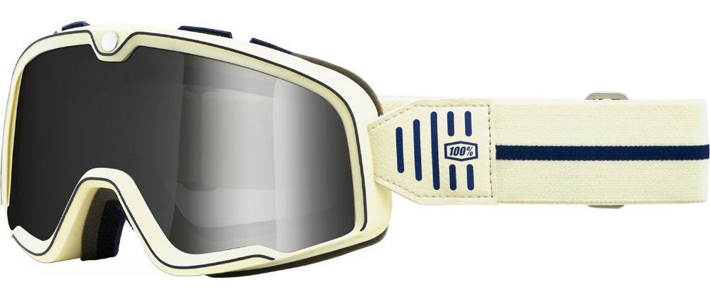 100% Barstow Arno Brille mit cremefarbenem Rahmen, silber verspiegelter Scheibe und cremefarbenem Band mit blauem Streifen.