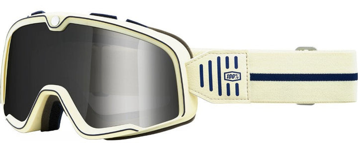 100% Barstow Arno Brille mit cremefarbenem Rahmen, silber verspiegelter Scheibe und cremefarbenem Band mit blauem Streifen.