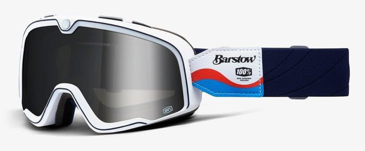 100% Barstow Lucien Brille mit weissem Rahmen, silber verspiegelter Scheibe und dunkelblauem Band mit rot-blauen Details.