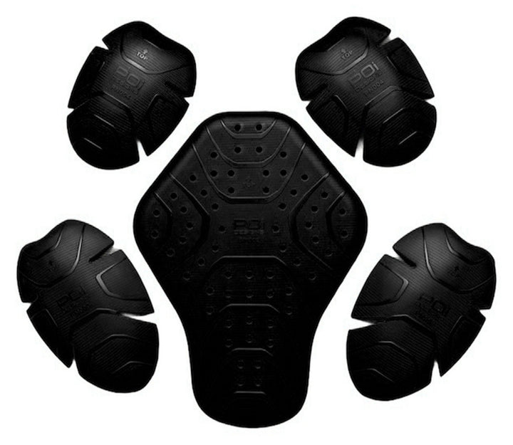 Schwarzes Eudoxie Protektoren Set Level 2 mit einem Rückenprotektor und vier Gelenkprotektoren auf weissem Hintergrund.