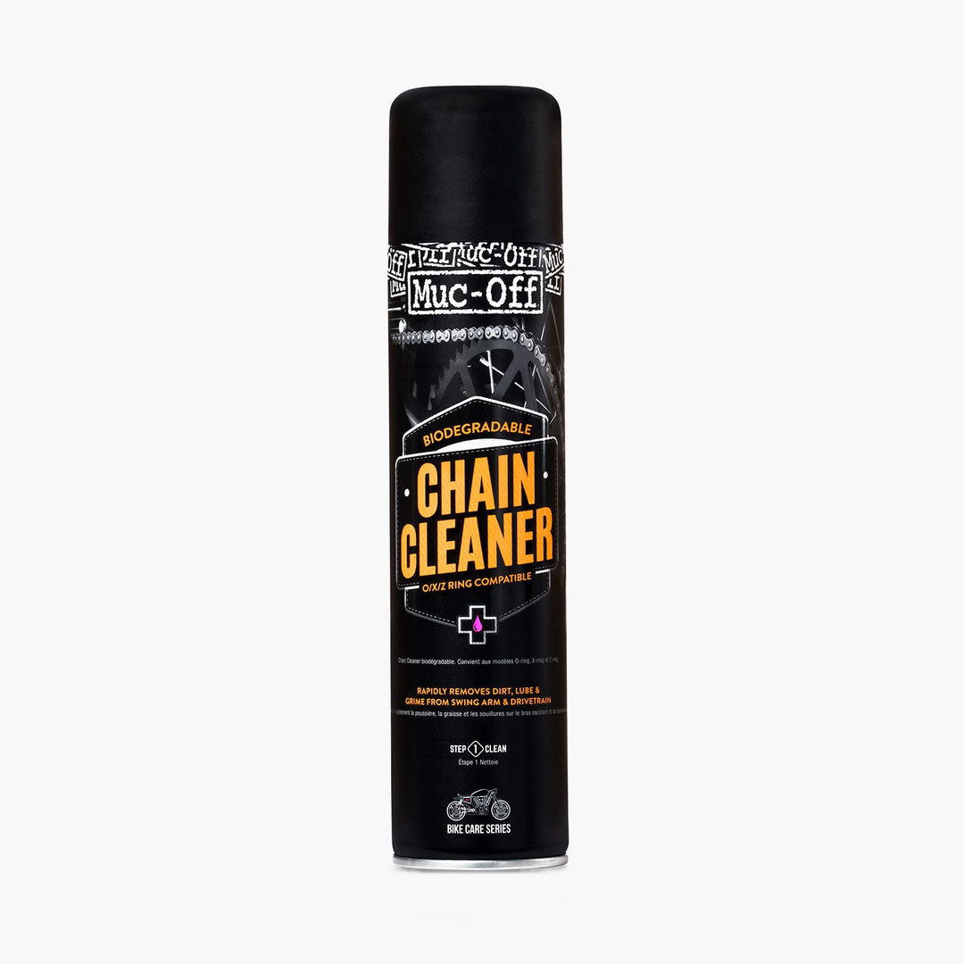 Muc-Off Chain Cleaner 400 ml in schwarzer Spraydose mit gelber Beschriftung.