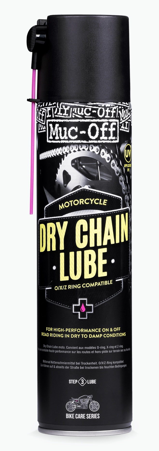Muc-Off Dry Chain Lube in schwarzer 400-ml-Spraydose mit gelber Beschriftung und pinkem Sprühröhrchen.