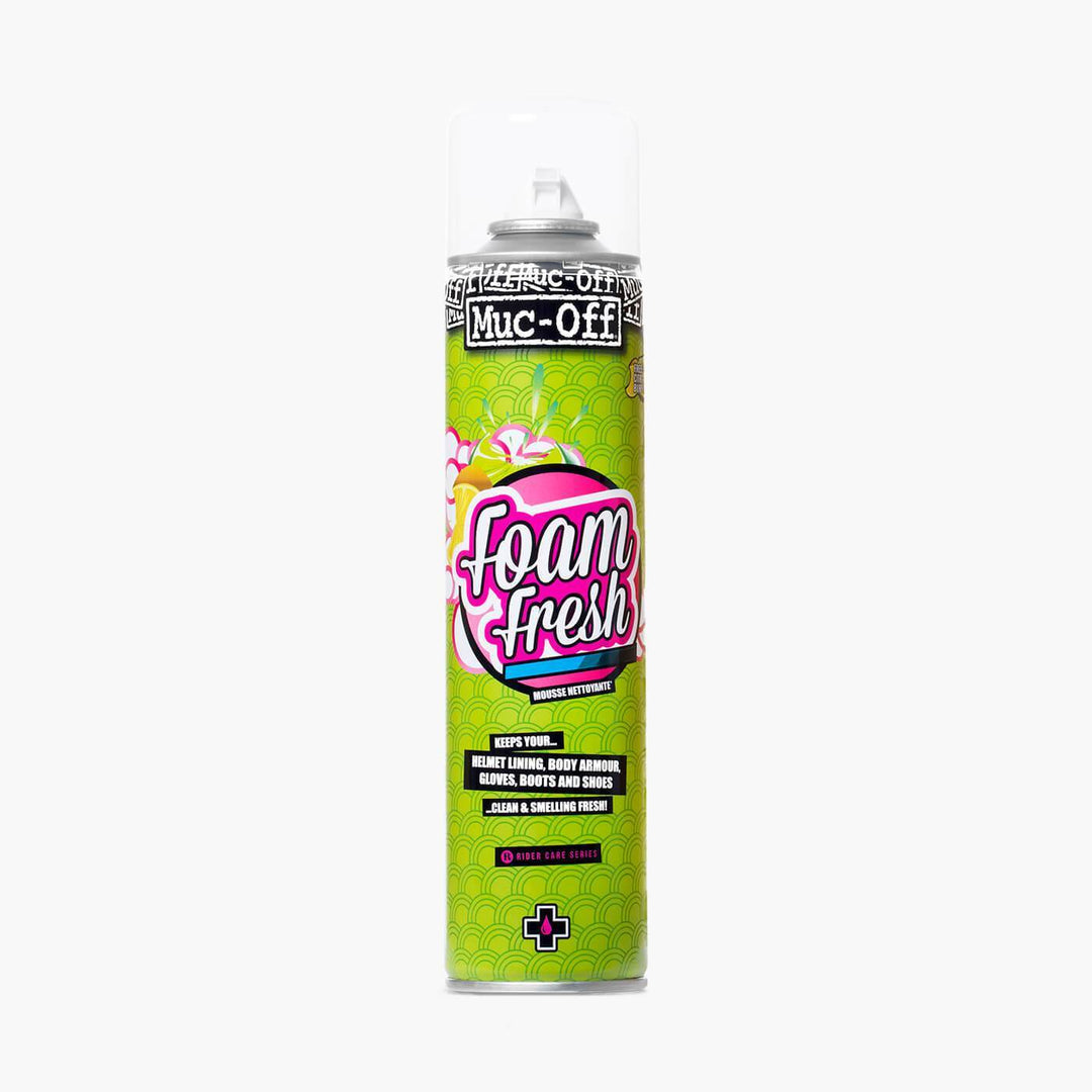 Muc-Off Foam Fresh in gelbgrüner Spraydose mit transparenter Kappe.