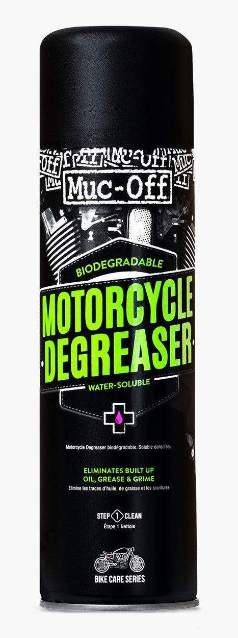 Muc-Off Motorcycle Degreaser 500 ml in schwarzer Spraydose mit grüner Beschriftung.