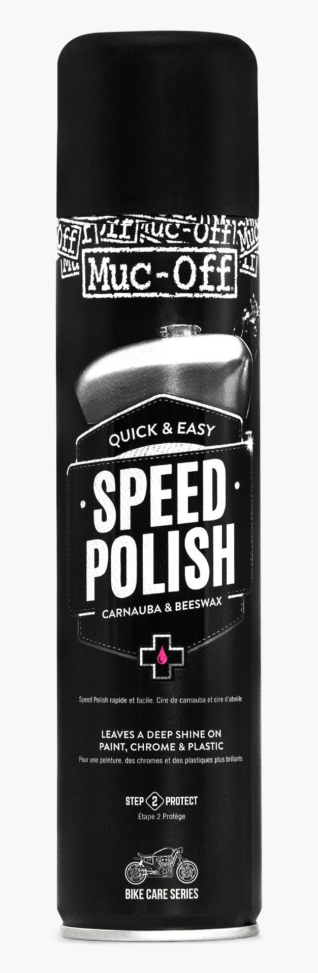Muc-Off Speed Polish in schwarzer 400-ml-Spraydose mit weisser Beschriftung.