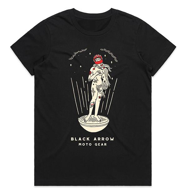 Schwarzes Black Arrow Venus Damenshirt mit Venus-Motiv und Black-Arrow-Moto-Gear-Schriftzug vor weissem Hintergrund.